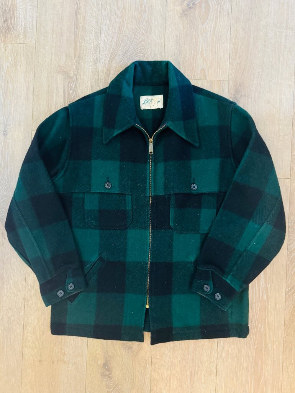 RARE 60s LL Bean Mackinaw Green Wool Flannel Plaid Cruiser Jacket Large EUC